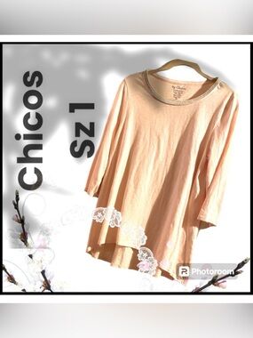 NEW~CHICOS Ladies 3/4 sleeve woven jeweled braided neckline pink TUNIC SZ 1 NWT